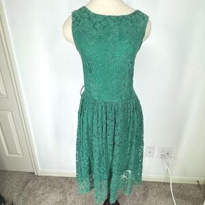 Womens Floral Lace Sleeveless V Back Dress Ballet Green Regency Fit Flare Party